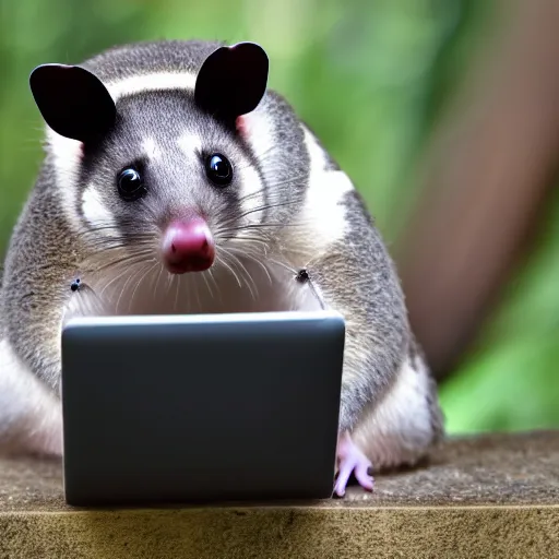 Prompt: a photograph of a possum using a computer