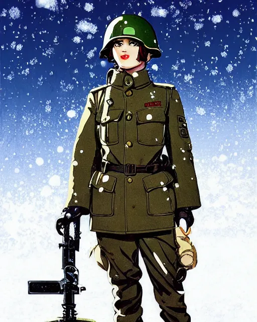 Image similar to ww 2 german soldier, snow, helmet | | very very anime!!!, fine - face, audrey plaza, realistic shaded perfect face, fine details. anime. realistic shaded lighting poster by ilya kuvshinov katsuhiro otomo ghost - in - the - shell, magali villeneuve, artgerm, jeremy lipkin and michael garmash and rob rey