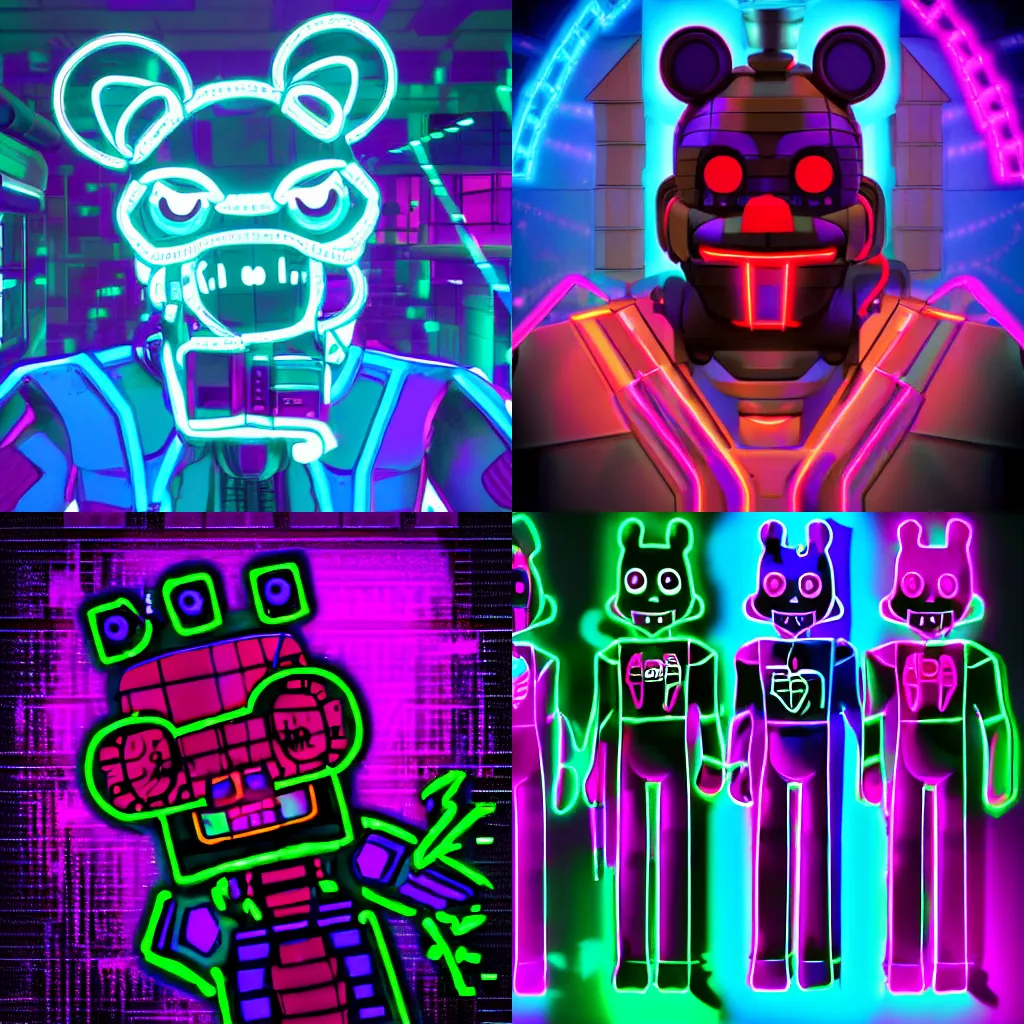 Prompt: fnaf neon cyberpunk style