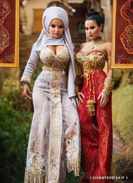 Image similar to portrait of lindsey pelas and demi rose wearing javanese traditional dress, by charlotte grimm, natural light, detailed face, canon eos c 3 0 0, ƒ 1. 8, 3 5 mm, 8 k, medium - format print