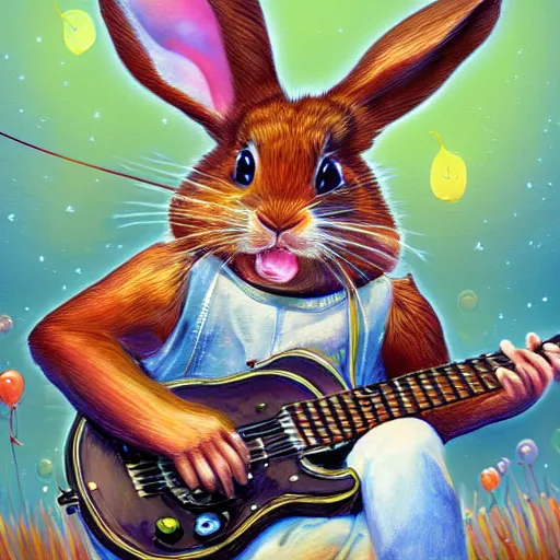 Image similar to A hyperdetailed digital oil painting of A rabbit is playing the guitar,cartoon, Trending on ArtStation and DeviantArt