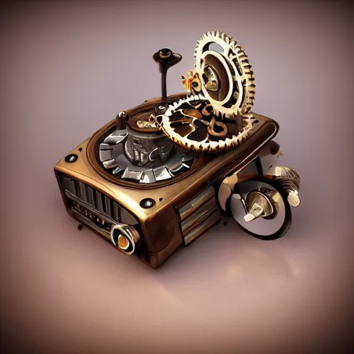 Prompt: octane render of a mechanical wind-up steampunk cd player with gears