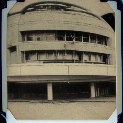 Prompt: old polaroid of a retro futuristic destroyed communist theatre, desolate, award winning, wide angle,