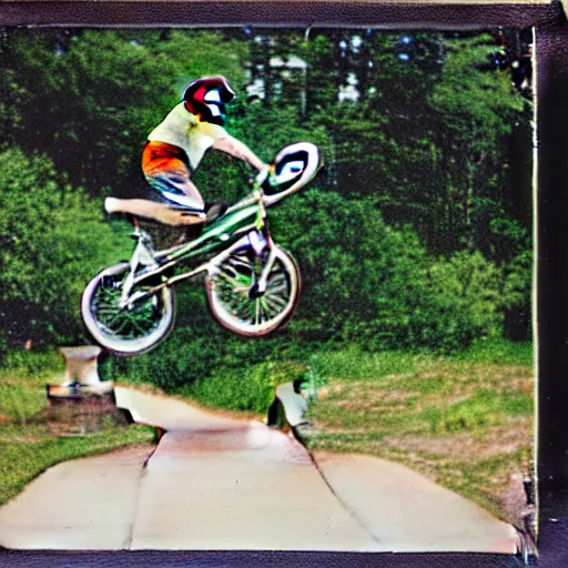 Image similar to Polaroid of Don Johnson doing a stoppie on his mongoose BMX with skyway mag wheels