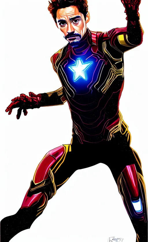 Image similar to portrait of robert sheehan as tony stark from the avengers infinity war, marvel concept art, hyperrealistic, detailed, accurate illustration, dramatic lighting, action pose