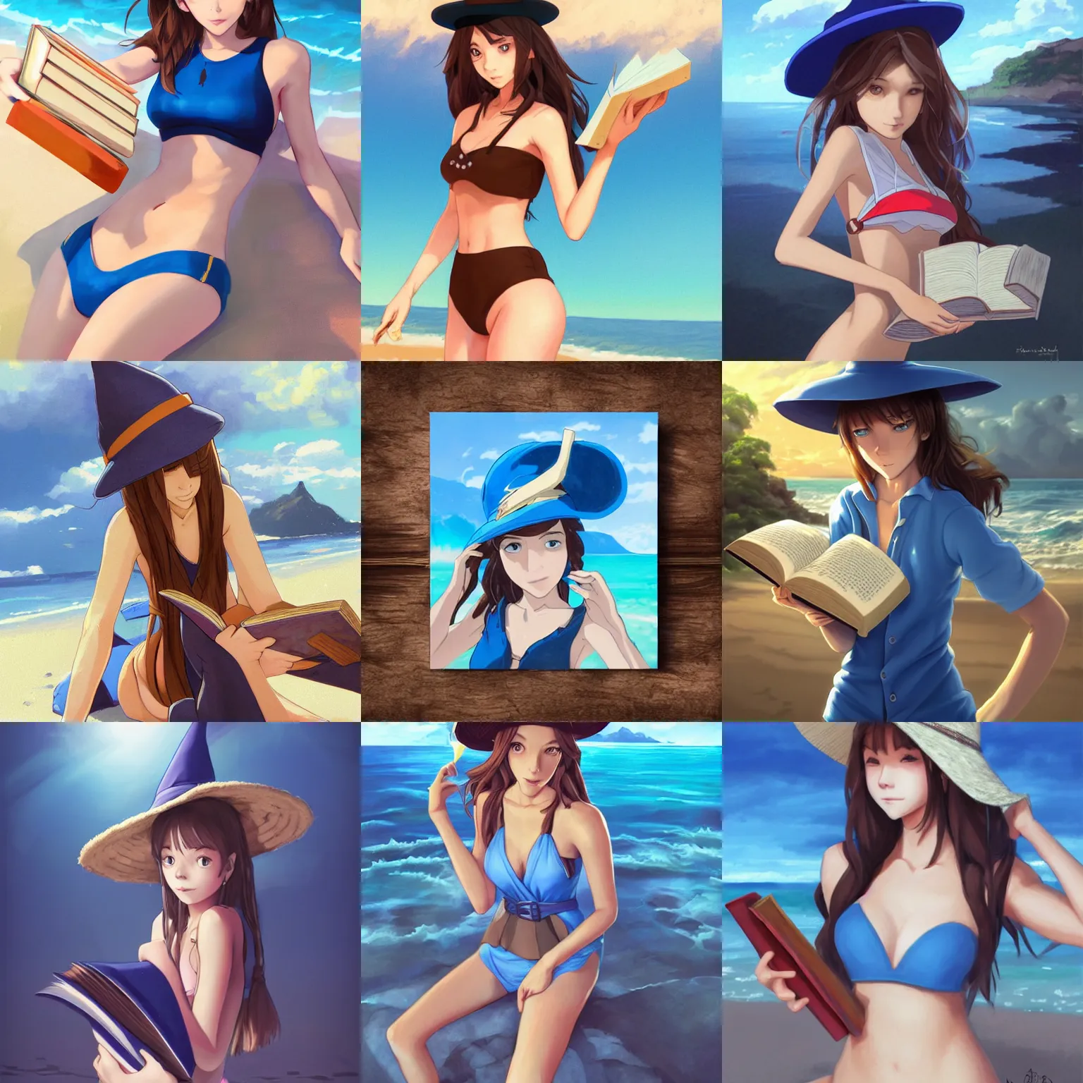 Prompt: portrait of a female wizard with brown hair wearing a blue wizard's hat and blue swimsuit holding a book at the beach, half body, single subject, ambient lighting, highly detailed, digital painting, trending on pixiv fanbox, studio ghibli, extremely high quality artwork, art by ross tran and artgerm and makoto shinkai