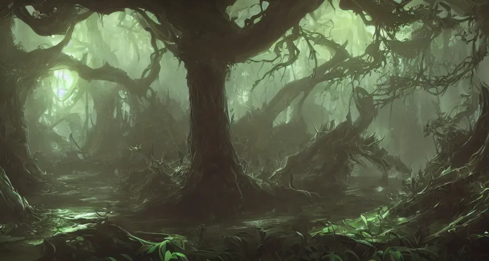 Image similar to A dense and dark enchanted forest with a swamp, by League of Legends concept artists