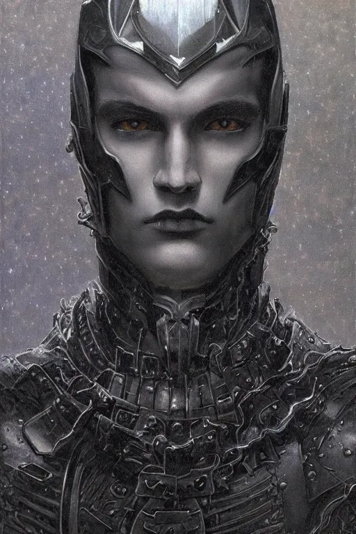 Image similar to portrait of beautiful gothic and futuristic young man, warcraft, cyber and rocks armor, a lot of more and more scars, thunderstorm, black with white head, the middle ages, highly detailed, artstation, illustration, more and more composision, 8 k quality, art by jean delville, rene magritte