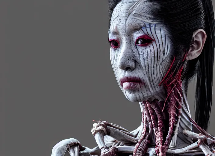 Prompt: mid shot portrait of a geisha ninja with transparent skin, visible muscle and bones and veins and nerves, david cronenberg, hyperrealism, detailed textures, photorealistic 3 d cyberpunk apocalyptic city, futuristic clothing and helmet, ultra realistic, cinematic, intricate, cinematic light, unreal engine 8 k, octane render, unreal engine by david kostic and stanley lau and artgerm