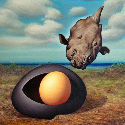 Image similar to oil on canvas of, rhinoceros hatching an egg in hawaii