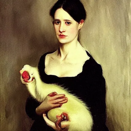 Image similar to “ a portrait of a dark haired girl holding an albino rat, very detailed, oil painting, madame x, dark background, by of john singer sargent ”