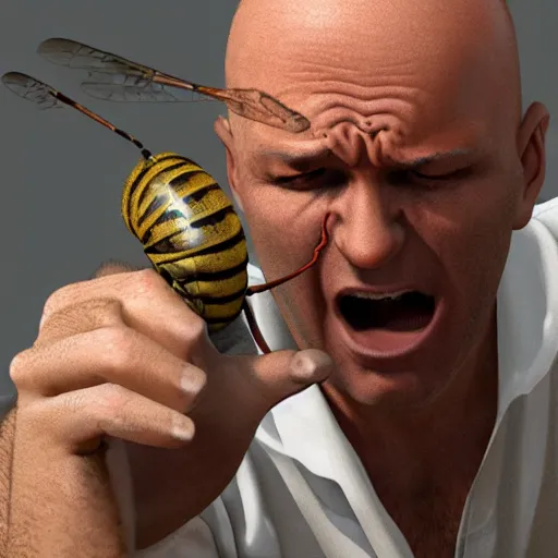 Prompt: a photo of a balded man arguing at a wasp, close up, photorealistic