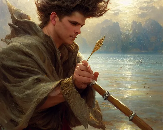 Image similar to attractive male wizard casting powerful tsunami wave spell in a beautiful lake. highly detailed painting by gaston bussiere, craig mullins, j. c. leyendecker 8 k