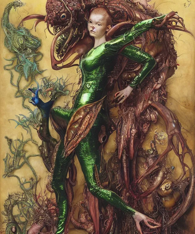 Prompt: a portrait photograph of a bestial mutated alien super villian with slimy skin and wings. she looks like sadie sink and is trying on a colorful infected bulbous shiny organic catsuit. by donato giancola, hans holbein, walton ford, gaston bussiere, peter mohrbacher and brian froud. 8 k, cgsociety, fashion editorial