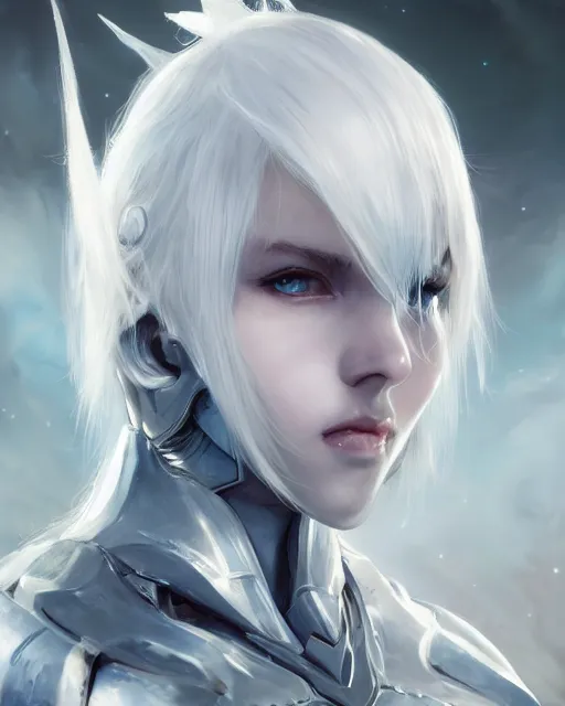 Image similar to perfect white haired girl, warframe armor, beautiful, dreamy, portrait, highly detailed, digital painting, trending on artstation, concept art, sharp focus, illustration, pretty face, blue starry eyes, scifi platform, front lit, laboratory, experiment, masterpiece, art by masayoshi tanaka, akihiko yoshida, kazuya takahashi