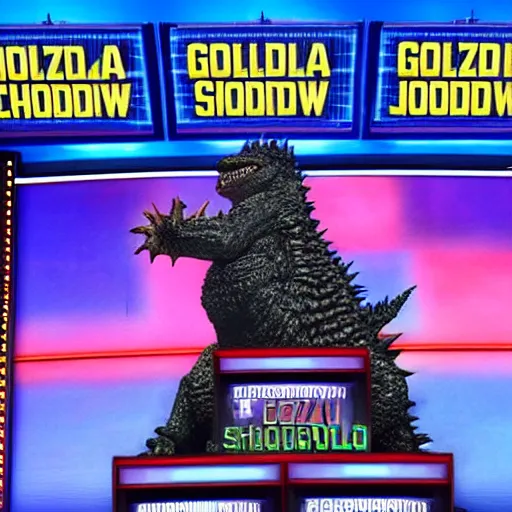 Prompt: godzilla announced as the new host of the game show jeopardy!, press photo