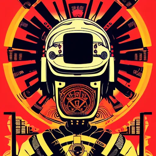 Image similar to !dream Illustrated by Shepard Fairey and H.R. Geiger | Cyberpunk Samurai with VR helmet, surrounded by cables