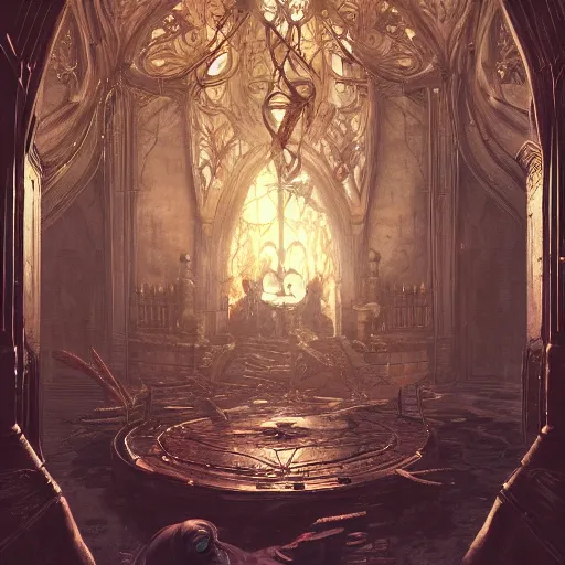 Image similar to ultra realistic illustration,, hell torture chamber interior from diablo and baldurs gate, intricate, elegant, highly detailed, digital painting, artstation, concept art, smooth, sharp focus, illustration, art by artgerm and greg rutkowski and alphonse mucha