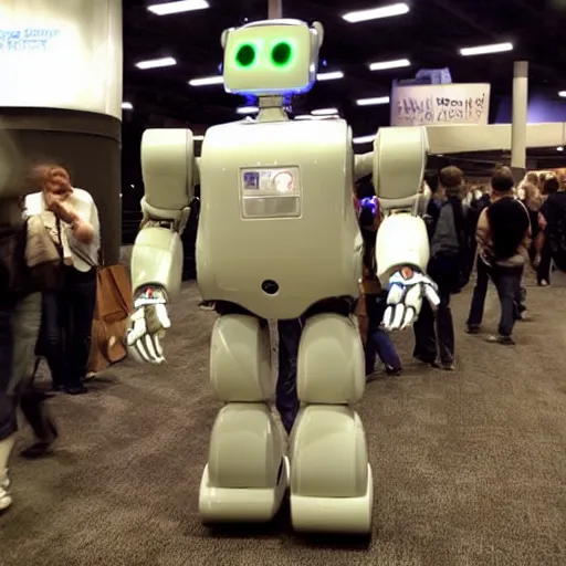 Image similar to <photo hd robot-expression='hug pls' robot-desire='hug' robot-traits='fluffy cute adorable' location='las vegas convention center'>i think this robot is following me</photo>