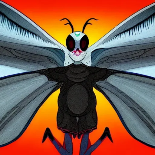 Prompt: photo of mothman with giant wings , cel animation by Manabu Oshashi and Satoshi Kon, professionally post-processed , beautiful, scary, symmetry accurate features, epic, octane rendered, anime masterpiece, accurate