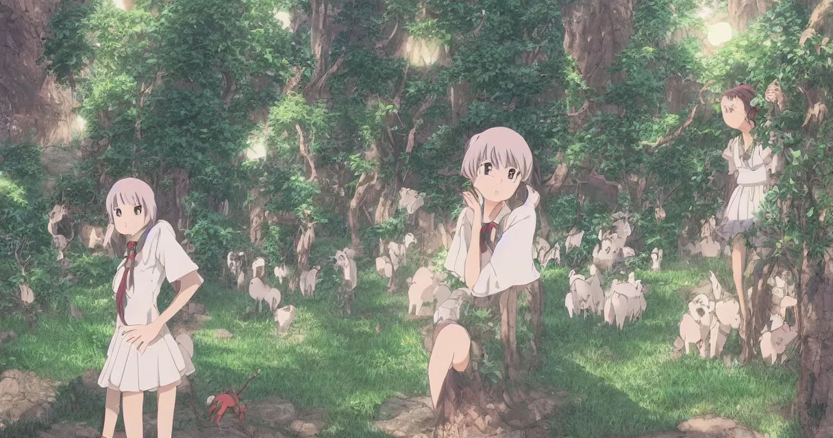 Image similar to anime girl peeking behind a bush while looking at a pack of reindeers, beautiful ambiance, studio ghibli style, by hayao miyazaki, sharp focus, very detailed, 4k