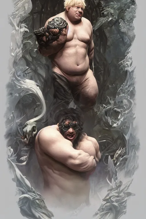 Image similar to portrait of boris johnson as a very pale hulking herculean demon, big pot belly, forest, godlike, full body, fantasy, intricate, elegant, highly detailed, digital painting, artstation, concept art, sharp focus, illustration, art by artgerm and greg rutkowski and alphonse mucha