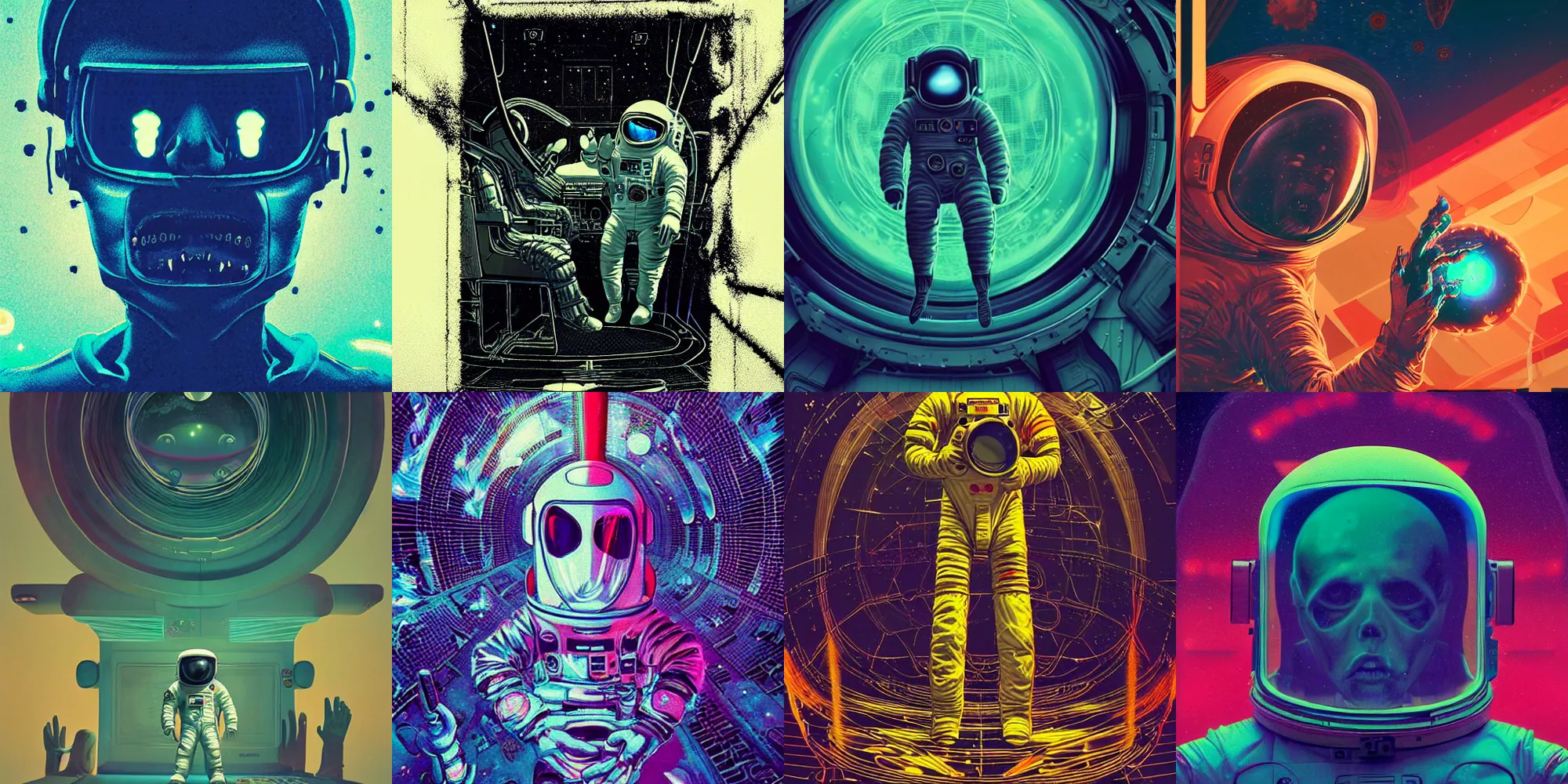 Image similar to astronaut, horror poster 9 0 s, cosmic horror, abstract, ghostly, arcade, duotone, poltergeist, lets get weird, intricate, elegant, highly detailed, award winning artstation, smooth, sharp focus, raytracing, unreal engine 5, art by beeple and mike winkelmann, ultraviolet colors,