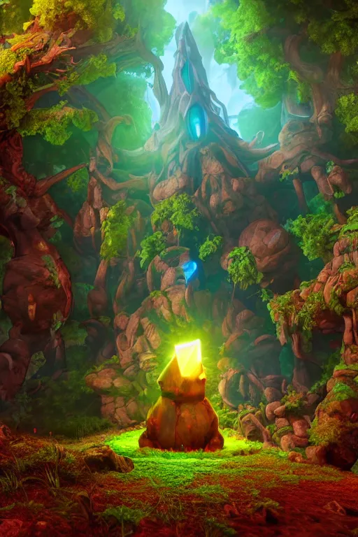 Image similar to arcane fantasy art giant golem elemental wood rock bastion forged gemstone enchanted forest troll, global illumination ray tracing hdr fanart arstation by sung choi and eric pfeiffer and gabriel garza and casper konefal lisa frank zbrush central hardmesh radiating a glowing aura