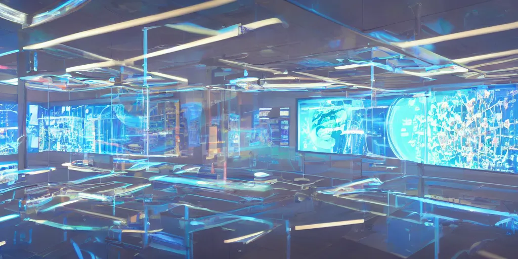 Prompt: science lab illuminated by holographic screens showing scientific images, control panels, reflections, descent high quality octane rendering, 8K