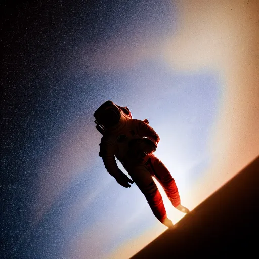 Image similar to photograph of an astronaut against the darkness of space, singular light source from below, full body photo, amazing light and shadow contrast, 8 k