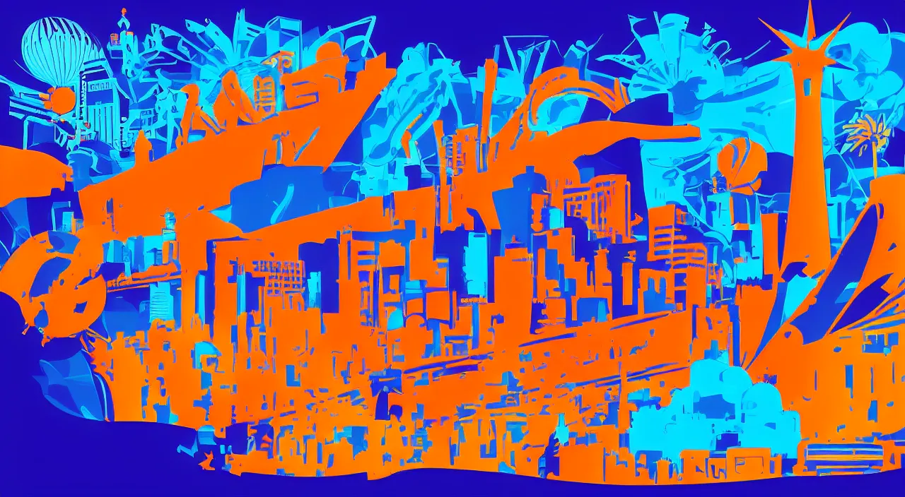 Image similar to axon drawing of las vegas, blue and orange complimentary color scheme, in style vector art style of tom whalen