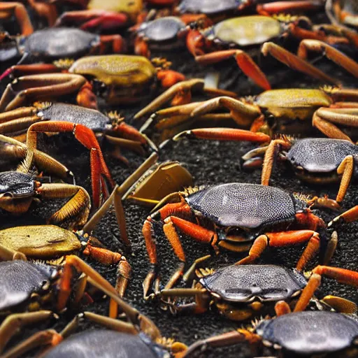 Prompt: A photograph of a group of crabs dancing on an island