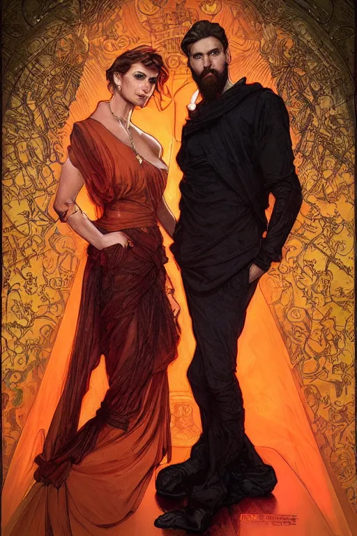 Prompt: bearded young man wearing orange t - shirt and tinfoil hat fastens zipper on beautiful black dress of his spouse before going to exquisite gala art by artgerm and greg rutkowski and charlie bowater and magali villeneuve and alphonse mucha