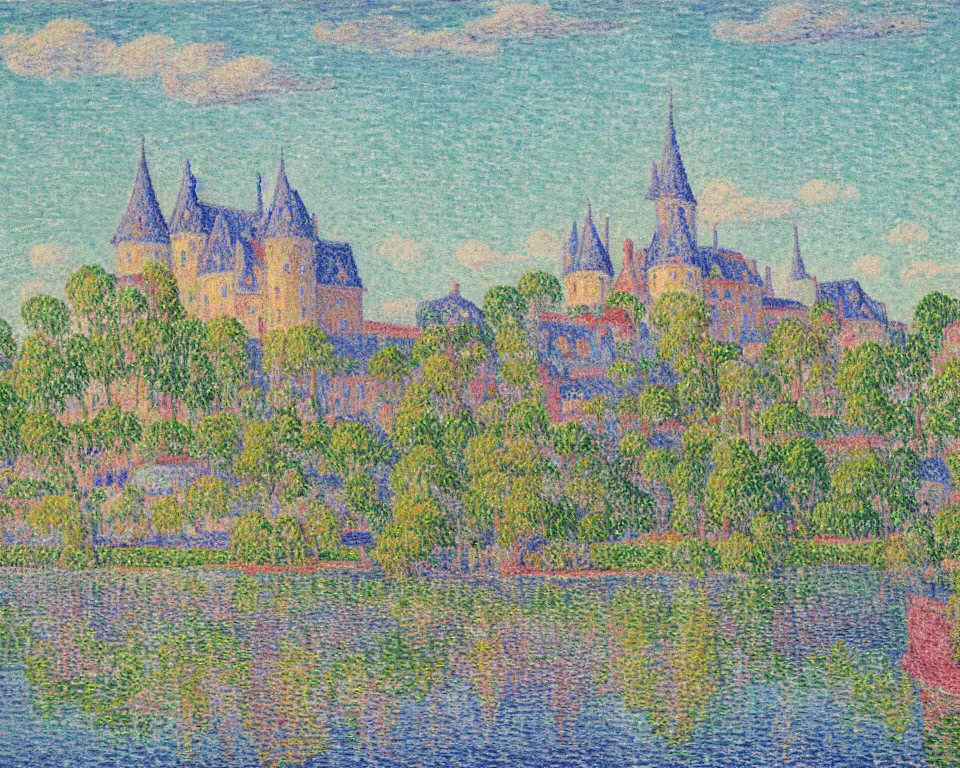 Prompt: pastel landscape painting of a chateau on top of a by Paul Signac.