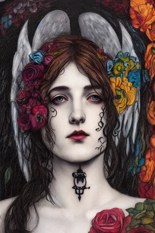 Prompt: pre-raphaelite punk rock dark rainbow noir angel painting, floral detail, face tattoo, by Abigail Larson, Anton Fadeev