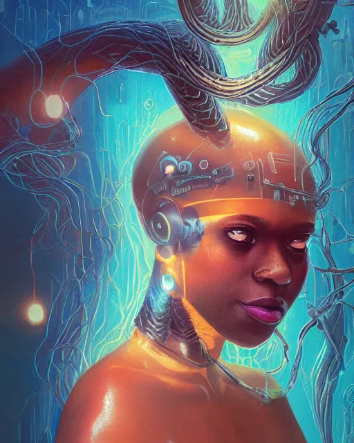 Prompt: muted, minimal, african plains, a cyberpunk close up portrait of cyborg medusa, electricity, snakes in hair, sparks, bokeh, soft focus, skin tones, warm, sky blue, daylight, by paul lehr, jesper ejsing