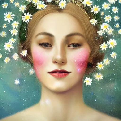 Image similar to close-up of a smiling beautiful female, blonde,, wearing a crown of daisies, beautiful happy face, ethereal, starry, space, magical atmosphere, maximalist, cinematic lighting, cinematic atmosphere, trending on artstation, cgsociety, 8k, high resolution, in the style of Faiza Maghni, David Ligare, Flora Borsi, Daniel Gerhartz,