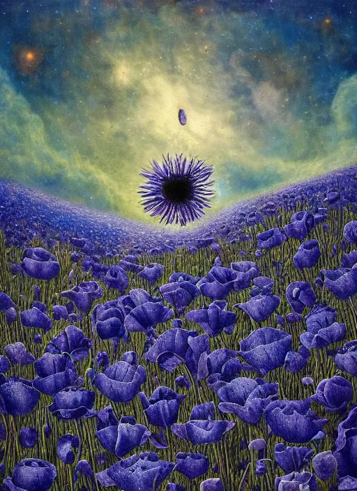 Image similar to detailed, intricate blue black and purple papaverum flower on the field, nebula, galaxy in the sky, winning award masterpiece, fantastically beautiful, illustration, aestheticly inspired, jacek yerka, upscale with anguissola sofonisba work, artstation, 8 k