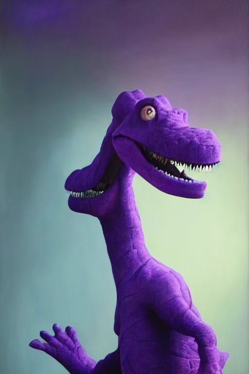 Image similar to barney the dinosaur in a dim purple lit room, melancholy, smoky, oil on canvas, intricate, portrait, 8 k highly professionally detailed, hdr, cgsociety