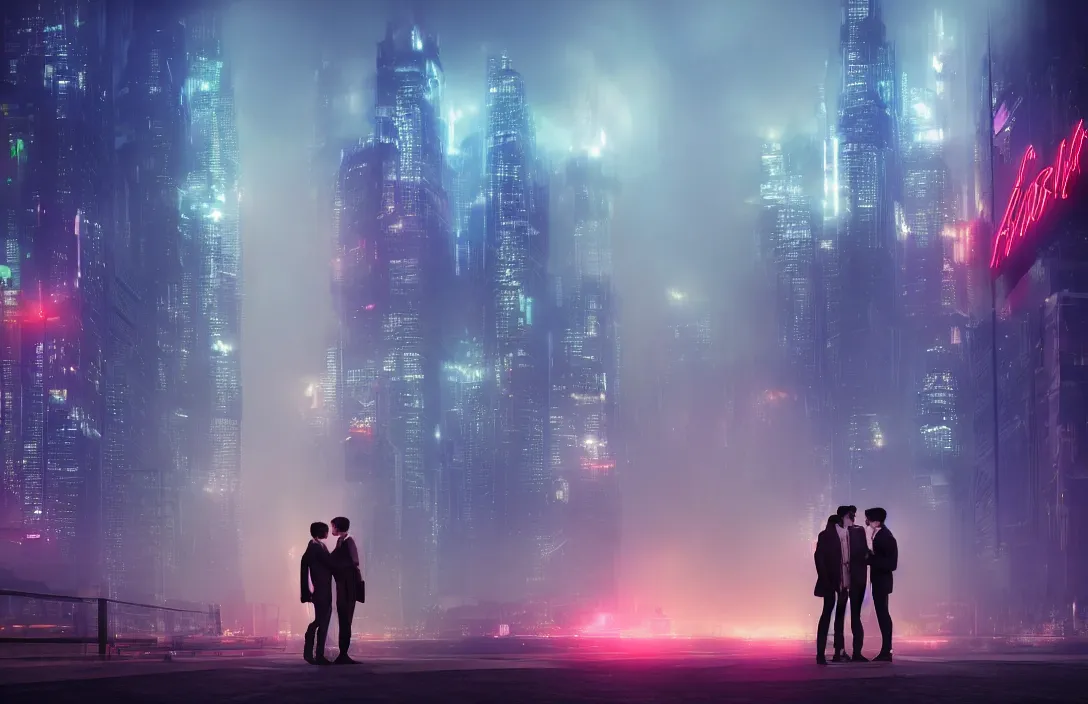 Image similar to men kissing in front of a foggy view of cyberpunk style future city, neon lights, a hyper realistic professional photographic view,very beautiful scenery, very realistic painting effect, hd, hdr, cinematic 4k wallpaper, 8k, ultra detailed, high resolution,