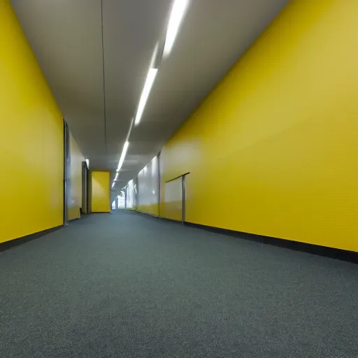 Image similar to a photo of an empty hallway with brown carpet, fluorescent lights and walls with yellow wallpaper on them