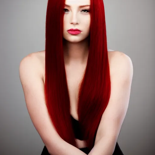 Image similar to Portrait of a young, stunningly beautiful woman with red straight hair on the right half of her head and white straight hair on the left half, award-winning photo, 4k, 8k, studio lighting, Nikon D6, 35mm
