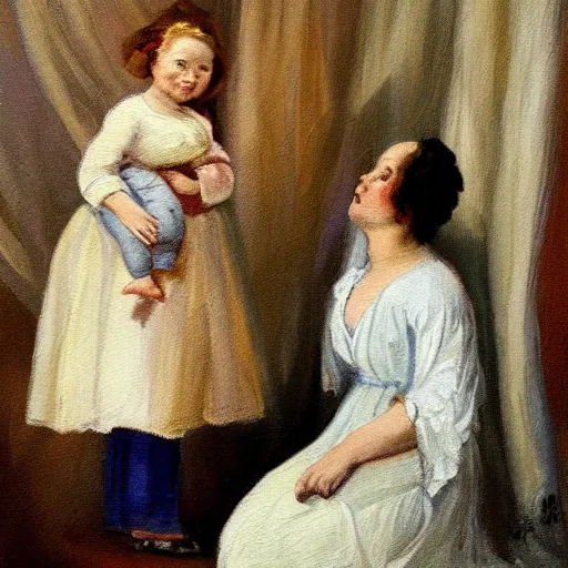 Prompt: a painting of a woman holding a child. The woman is wearing a white dress and has a blue scarf around her head. The child is a young girl, and she is also wearing a white dress. They are both standing in front of a window, and there is a curtain blowing in the wind. The colors in the painting are very soft and muted.