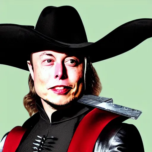 Image similar to photo of elon musk in the shape of a musketeer, he has a big black hat and holds a shiny sword