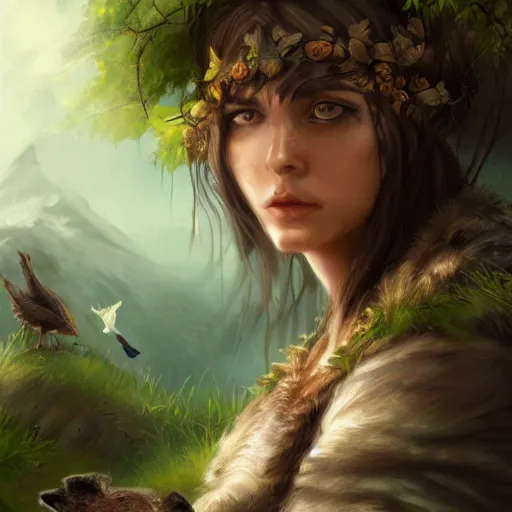 Image similar to portrait of a druid with an animal companion in a natural scene. very detailed. trending on artstation.