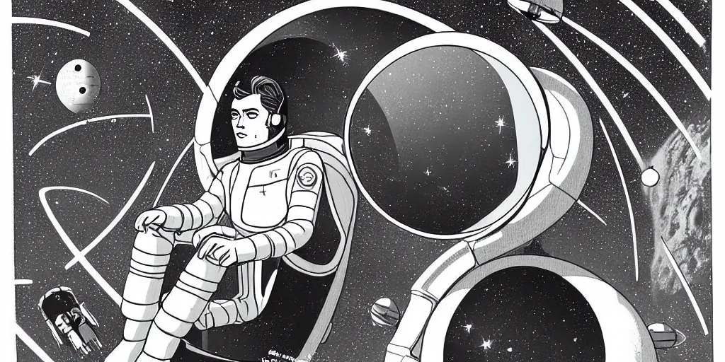 Image similar to a portrait of lonely single Alain Delon alone pilot in spacesuit posing in symmetrical spaceship station planet captain bridge outer worlds hyper contrast well drawn in FANTASTIC PLANET La planète sauvage animation by René Laloux