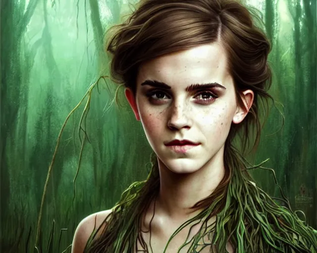 Prompt: mindblowing portrait of emma watson as a swamp witch, green colored skin!!, messy hair, deep focus, d & d, fantasy, intricate, elegant, highly detailed, digital painting, artstation, concept art, matte, sharp, illustration, hearthstone, art by artgerm and greg rutkowski and alphonse mucha