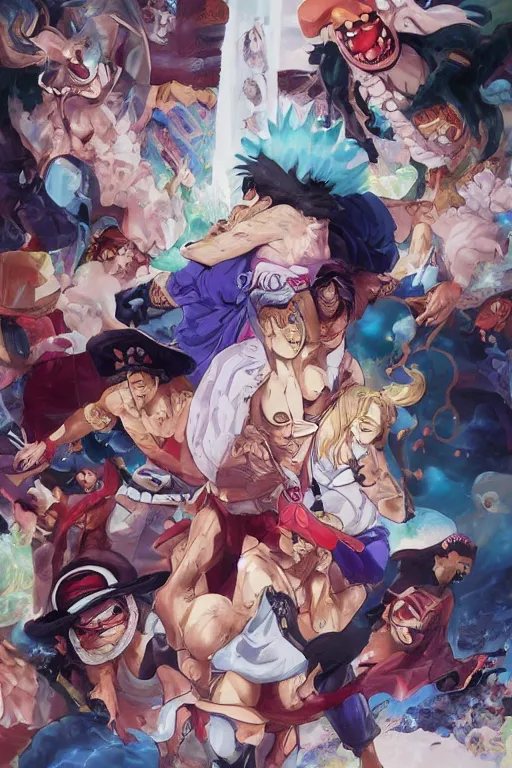 Image similar to One Piece wallpaper art, highly detailed, digital painting, artstation, concept art, sharp focus, illustration, art by artgerm and greg rutkowski and alphonse mucha, in the style of One Piece