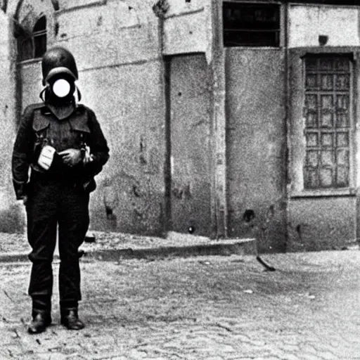 Image similar to police officer posing with gas mask during world war ii in istanbul, photo, realistic