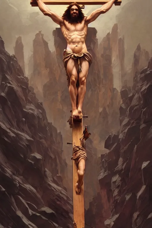 Image similar to crucified hulking herculean ogre jesus christ, masterpiece, intricate, elegant, highly detailed, digital painting, artstation, concept art, smooth, sharp focus, illustration, art by artgerm and greg rutkowski and alphonse mucha and uang guangjian and gil elvgren and sachin teng, symmetry!!